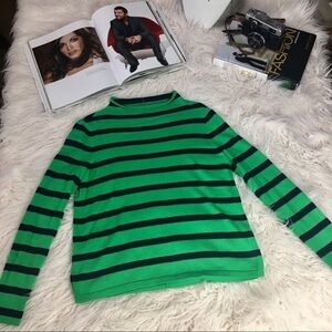 Crown & Ivy PP Green Navy Striped Mock Neck Lightweight Sweater Petite